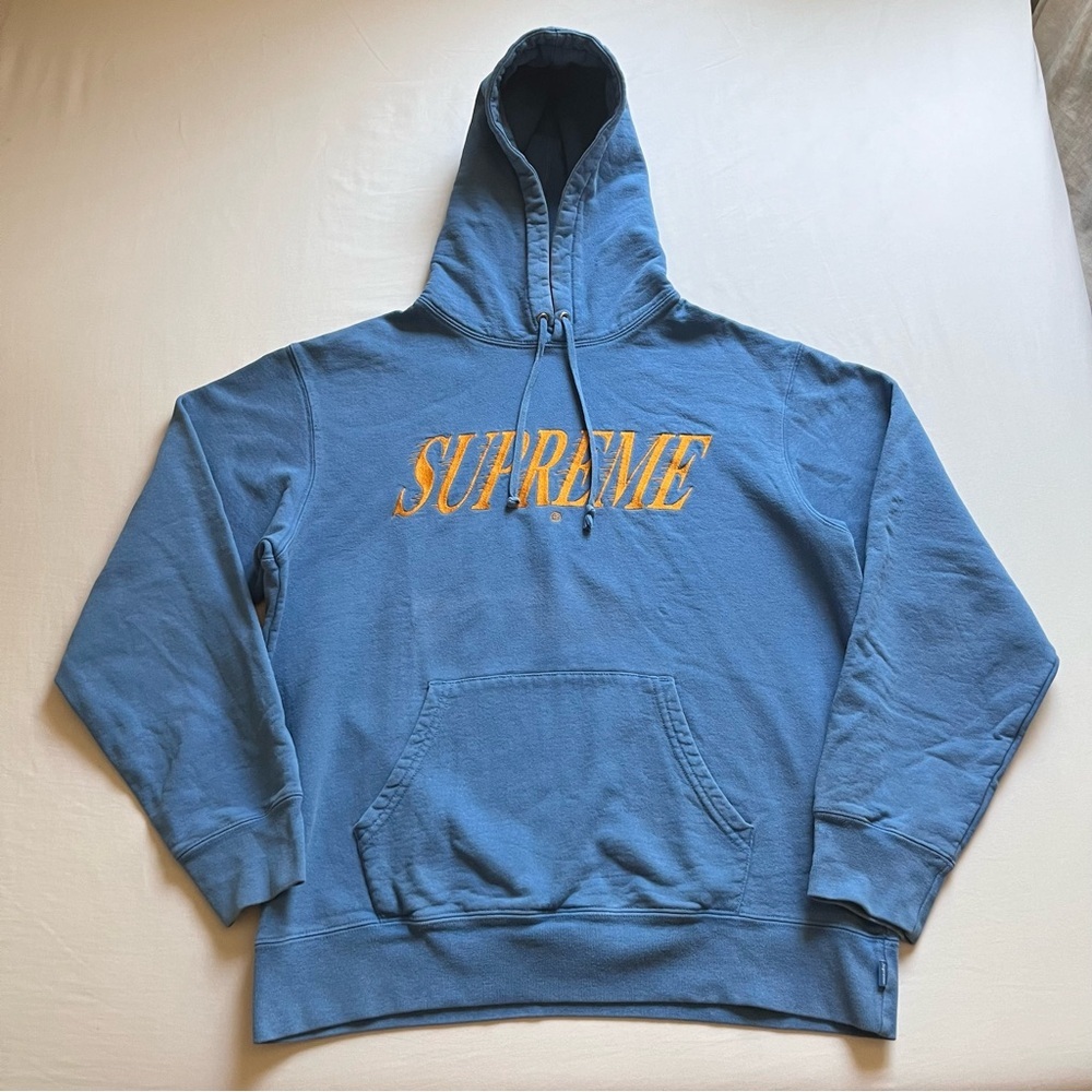 SUPREME blue logo graphic font long sleeve‎ kangaroo pocket hoodie sweater